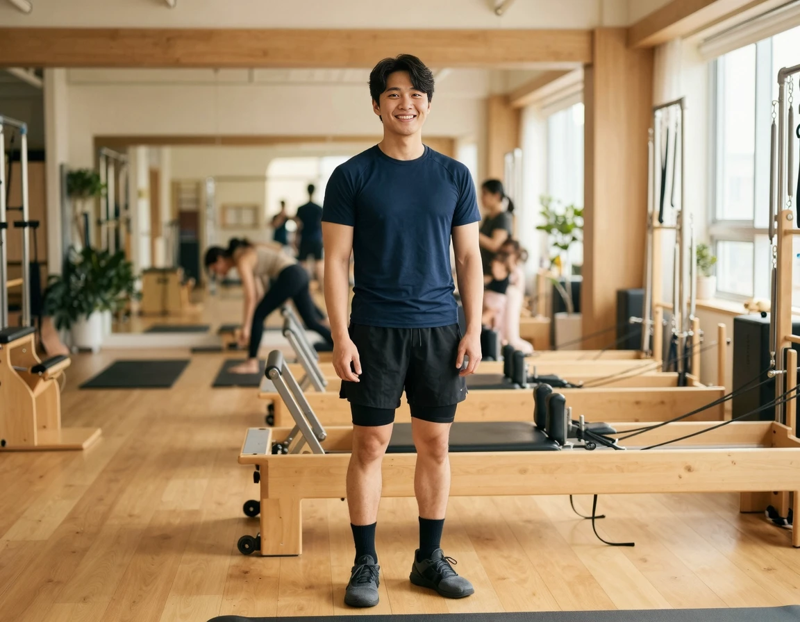 투인원 반바지와 핏한 반팔티를 입고 있는 필라테스 복장