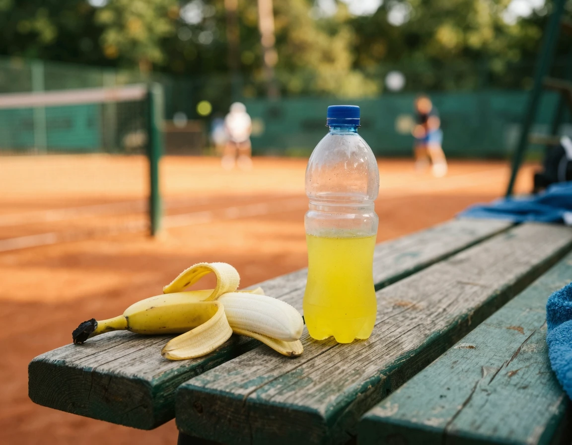 테니스 코트 벤치에 놓인 바나나와 스포츠 음료