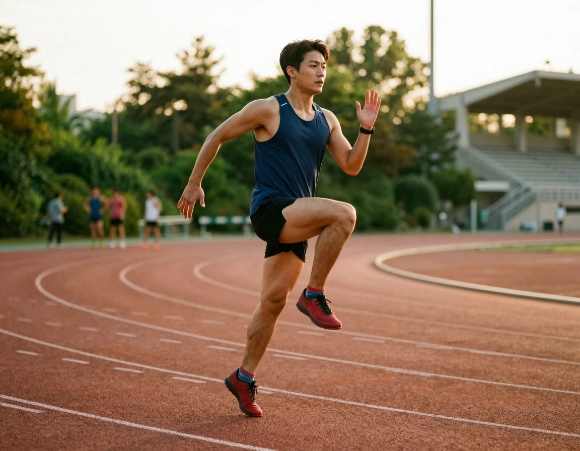 러닝 트랙에서 하이 니 동적 스트레칭을 하는 모습