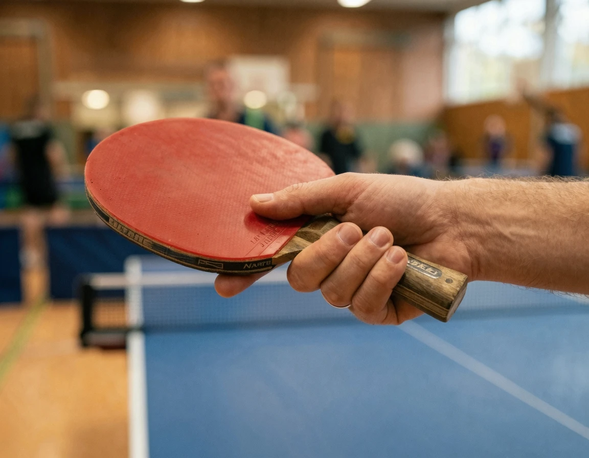 쉐이크핸드 그립으로 탁구 라켓을 쥐고 있는 손