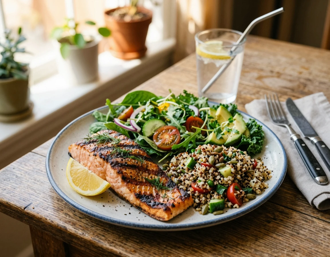 연어와 샐러드가 포함된 경기 후 단백질 회복 식단