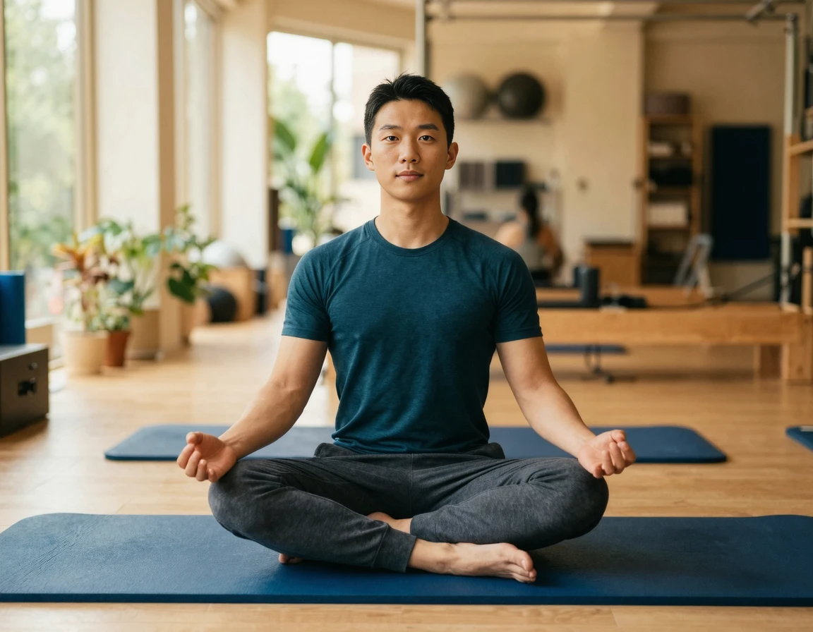 바른 자세로 앉아 체형 교정 효과를 보여주는 남성