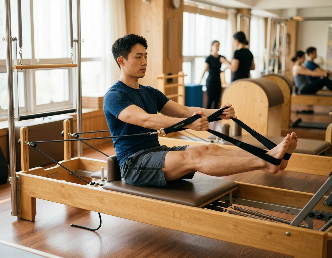리포머 기구에서 필라테스 동작을 수행하는 남성