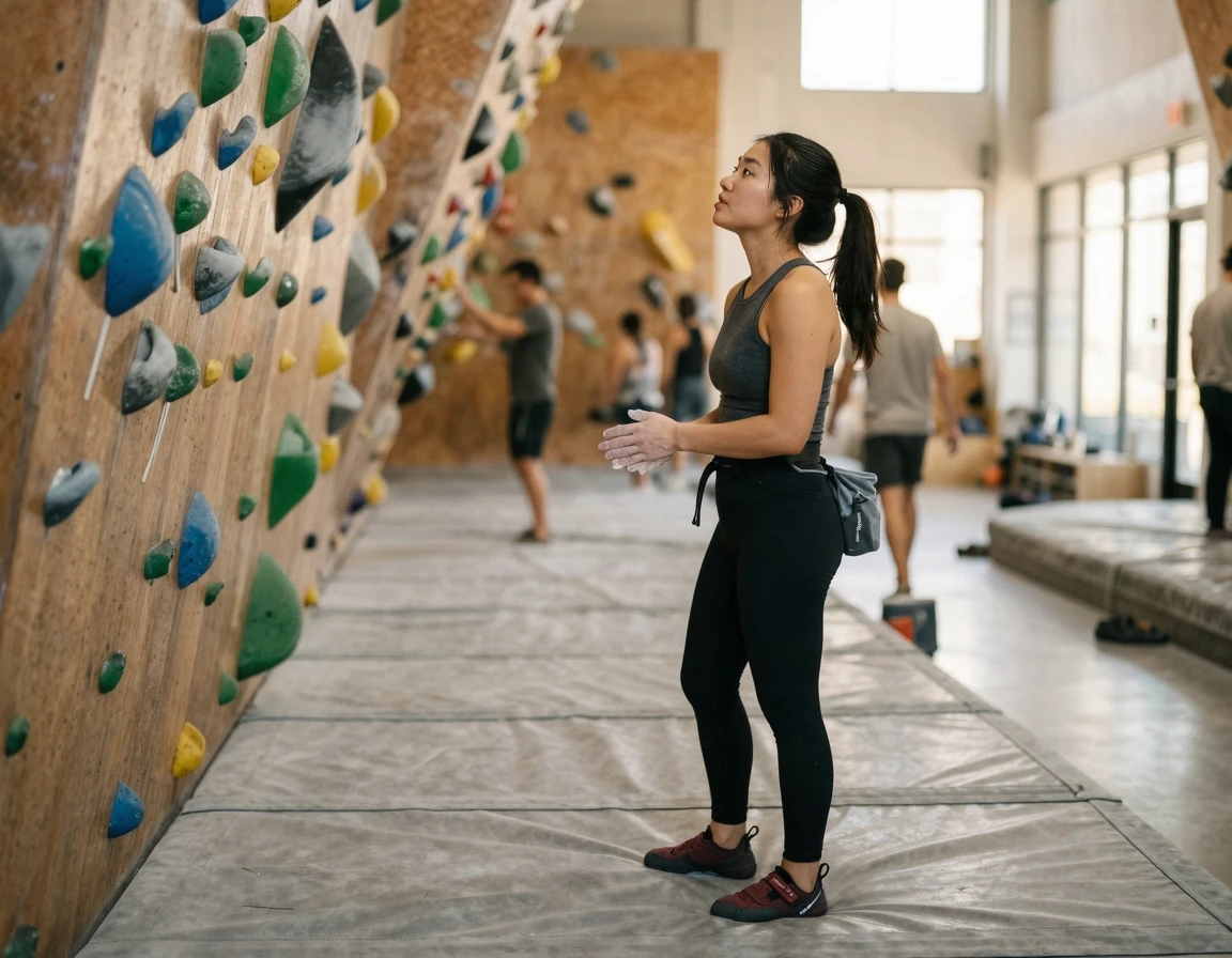 편안한 운동복을 입고 실내 클라이밍 벽을 바라보는 모습