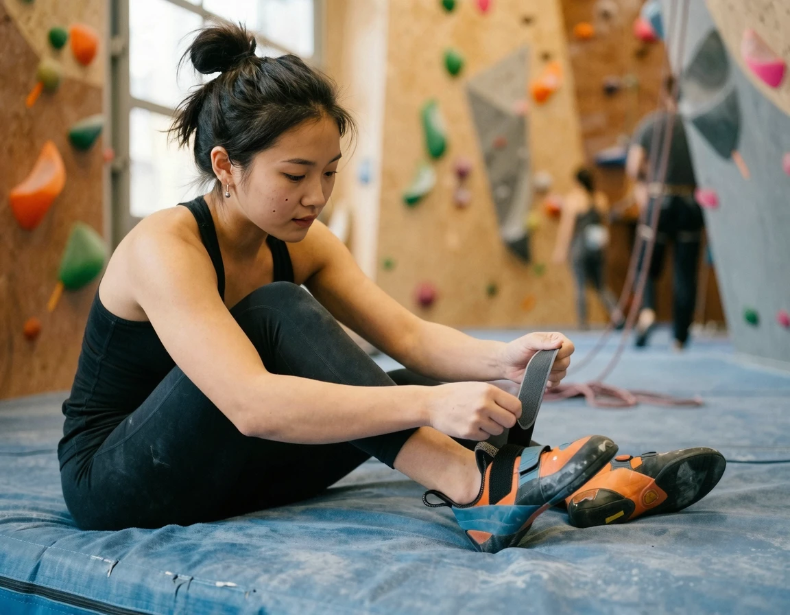 발에 딱 맞는 벨크로 타입의 클라이밍 암벽화를 신는 모습