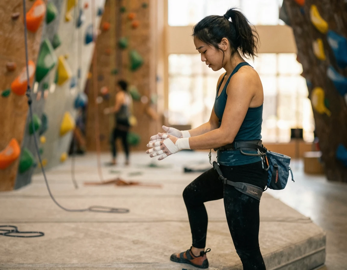 허리에 찬 초크백과 테이핑을 한 손