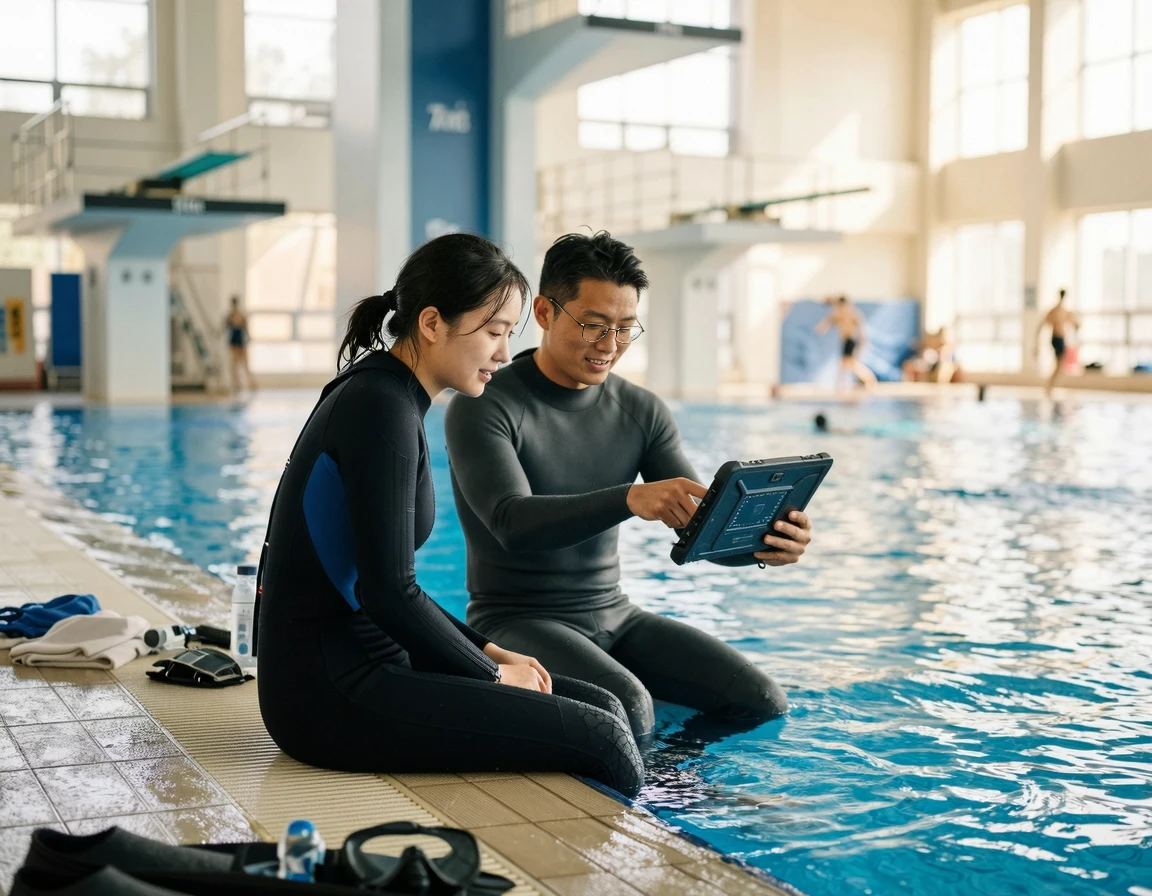 다이빙 풀장에서 태블릿으로 이론을 확인하는 모습