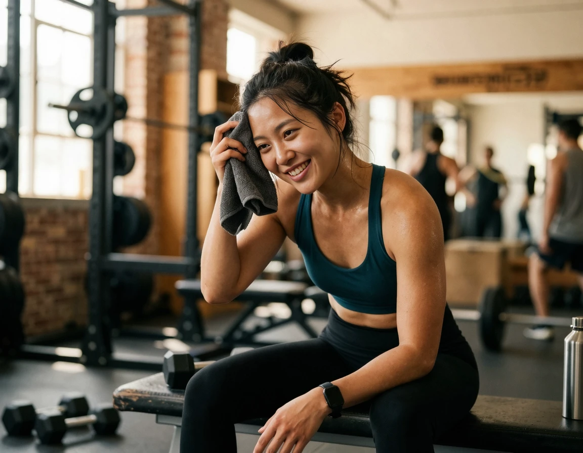 운동 후 땀을 닦으며 만족해하는 모습