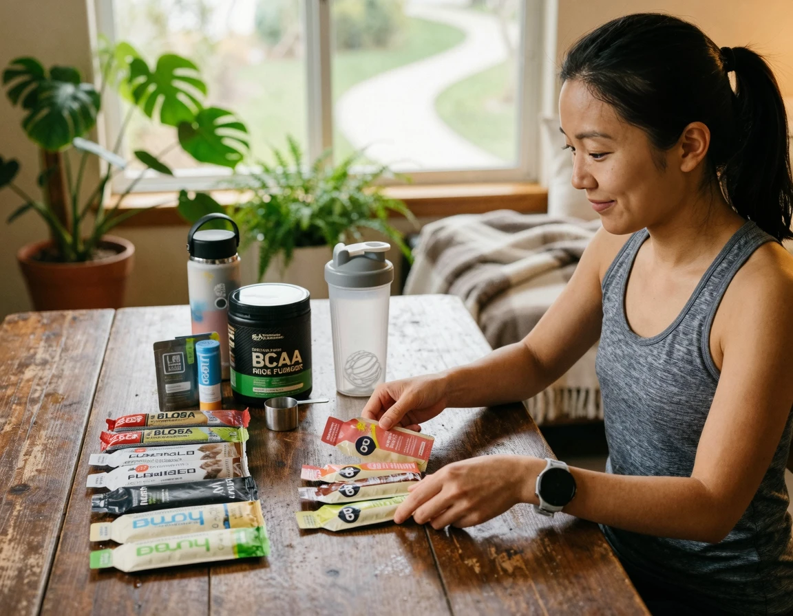 나무 테이블 위에 가지런히 놓인 에너지 젤과 마라톤 영양제들