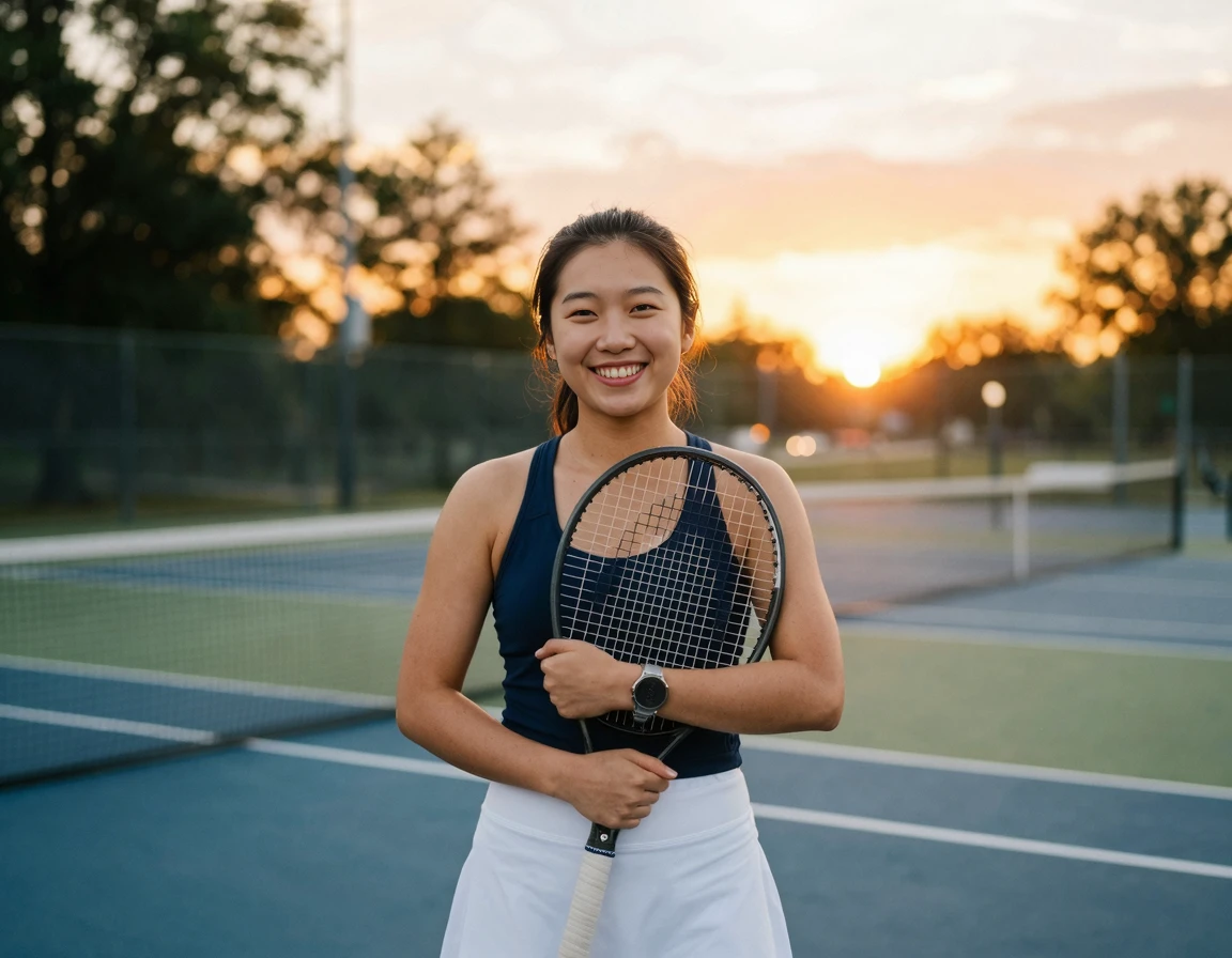 해질녘 야외 테니스 코트에서 라켓을 들고 미소 짓는 모습