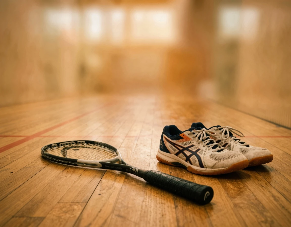 나무 바닥 코트 위에 놓여진 스쿼시 라켓과 실내용 운동화