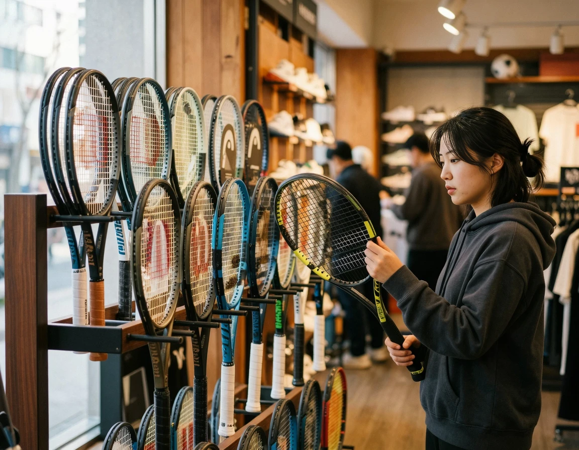 스포츠 매장에 진열된 다양한 테니스 라켓들