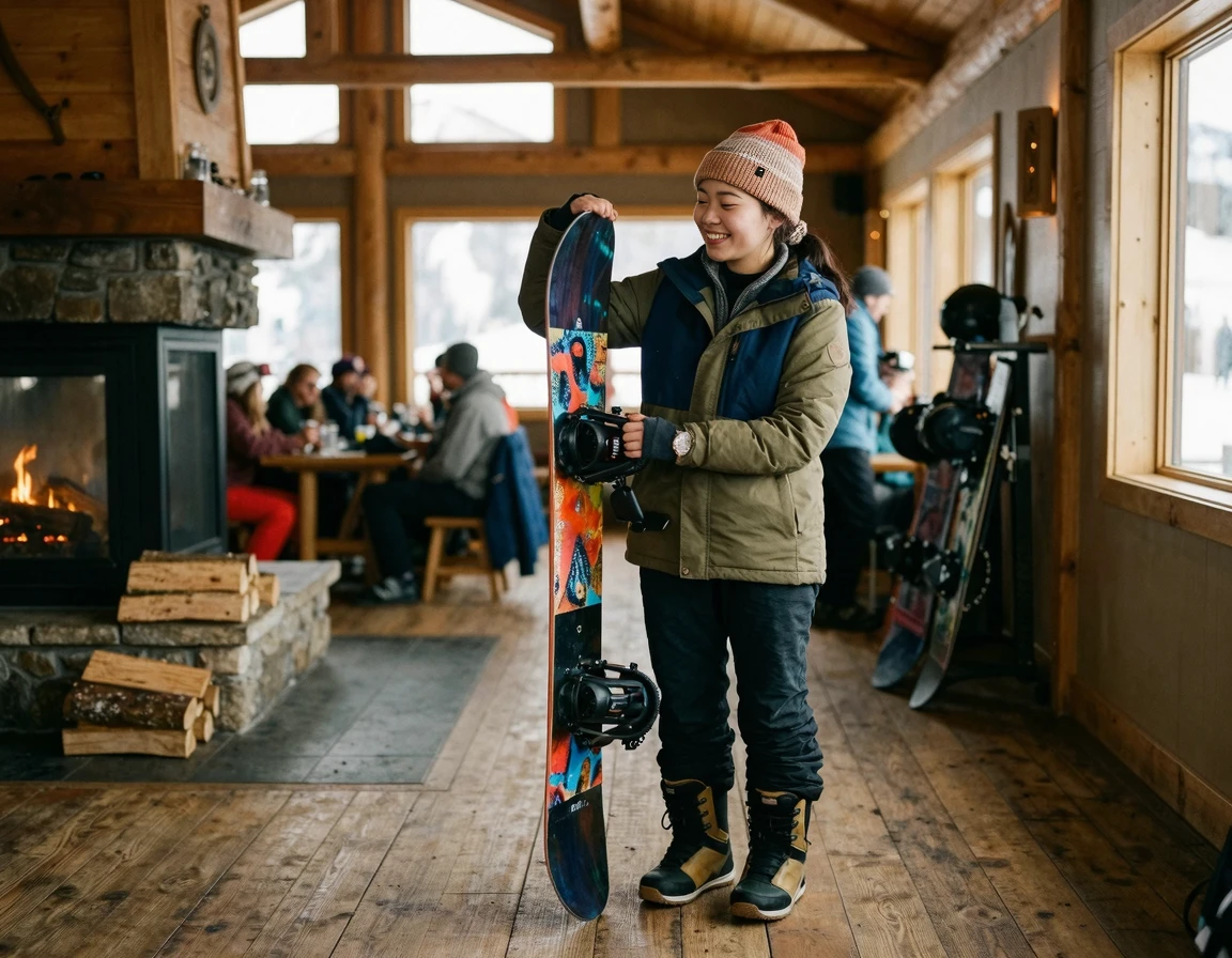 자신의 키에 맞춰 스노우보드 길이를 확인하는 모습