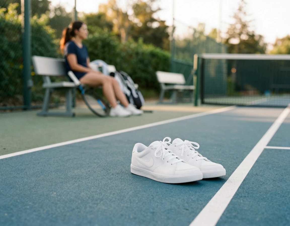 하드 코트 위에 놓인 깔끔한 테니스화
