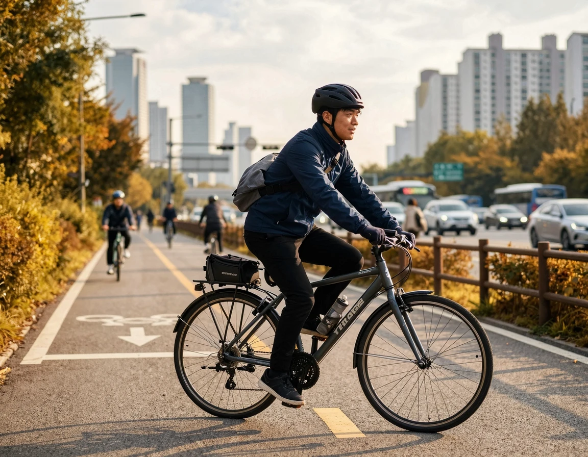 도심 자전거 도로를 달리는 하이브리드 자전거