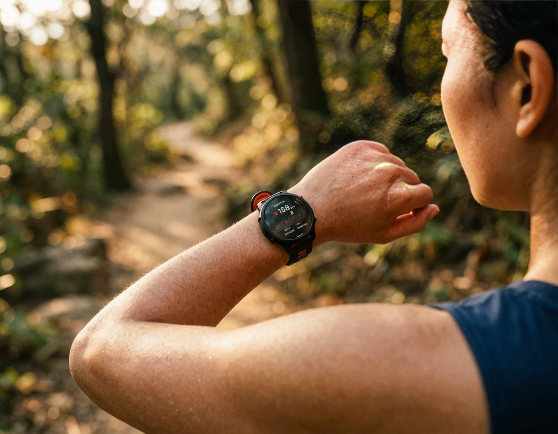 스마트워치로 심박수를 확인하며 달리는 러너의 손목
