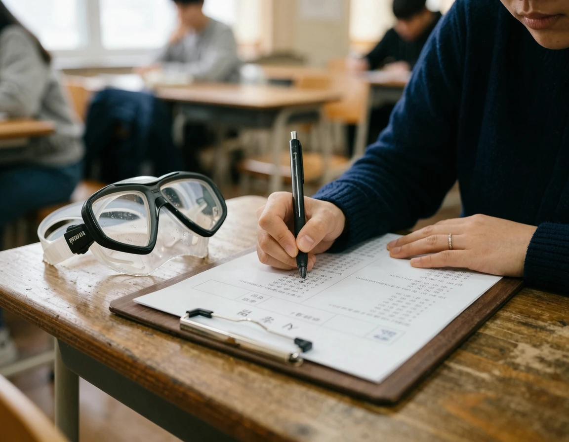 테이블 위에 다이빙 마스크를 두고 필기시험을 준비하는 모습