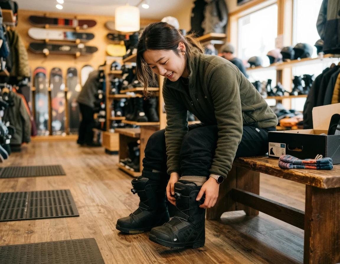 보드샵에서 부츠 다이얼을 조이며 피팅하는 모습