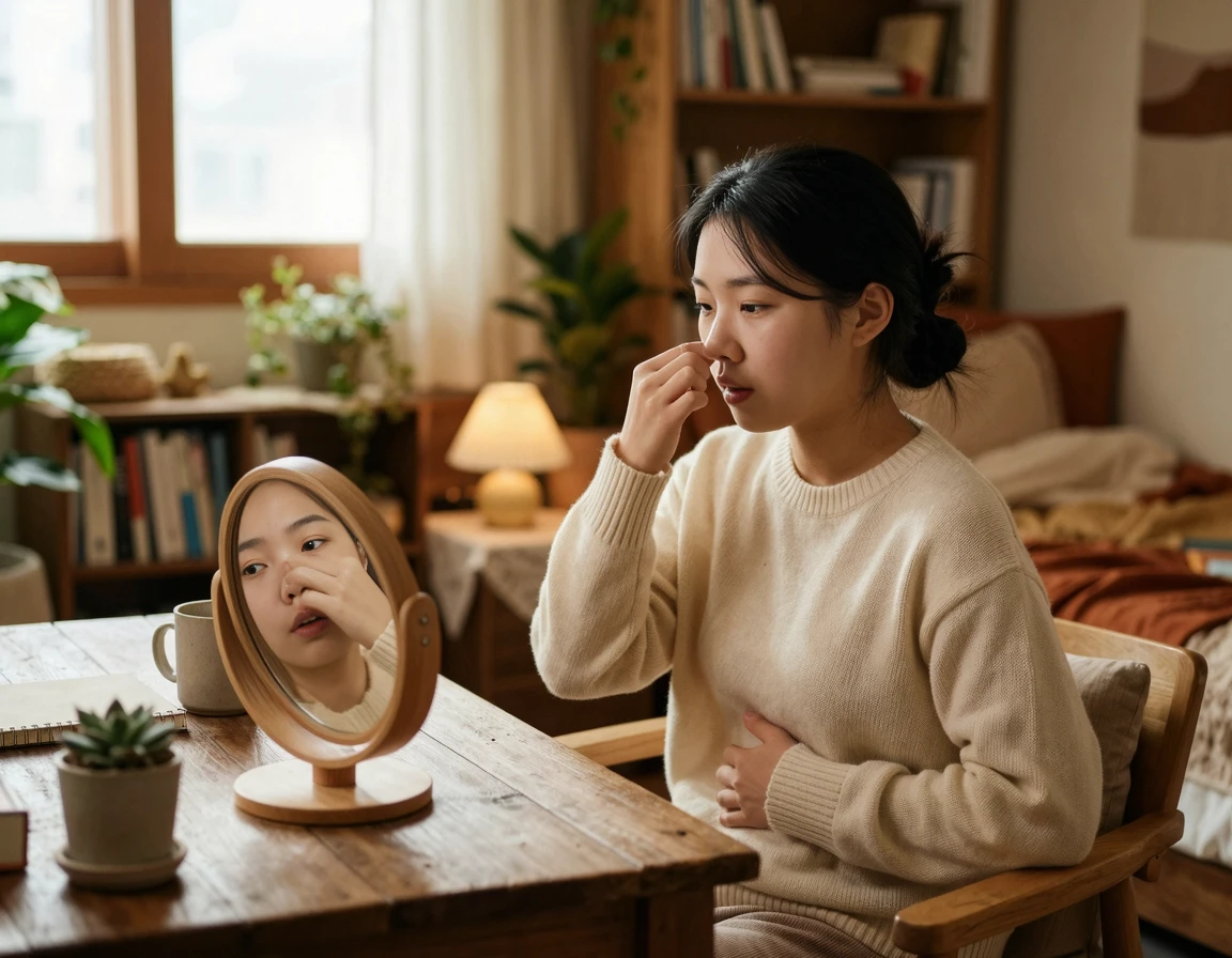 거울을 보며 코를 막고 프렌젤 이퀄라이징을 연습하는 모습