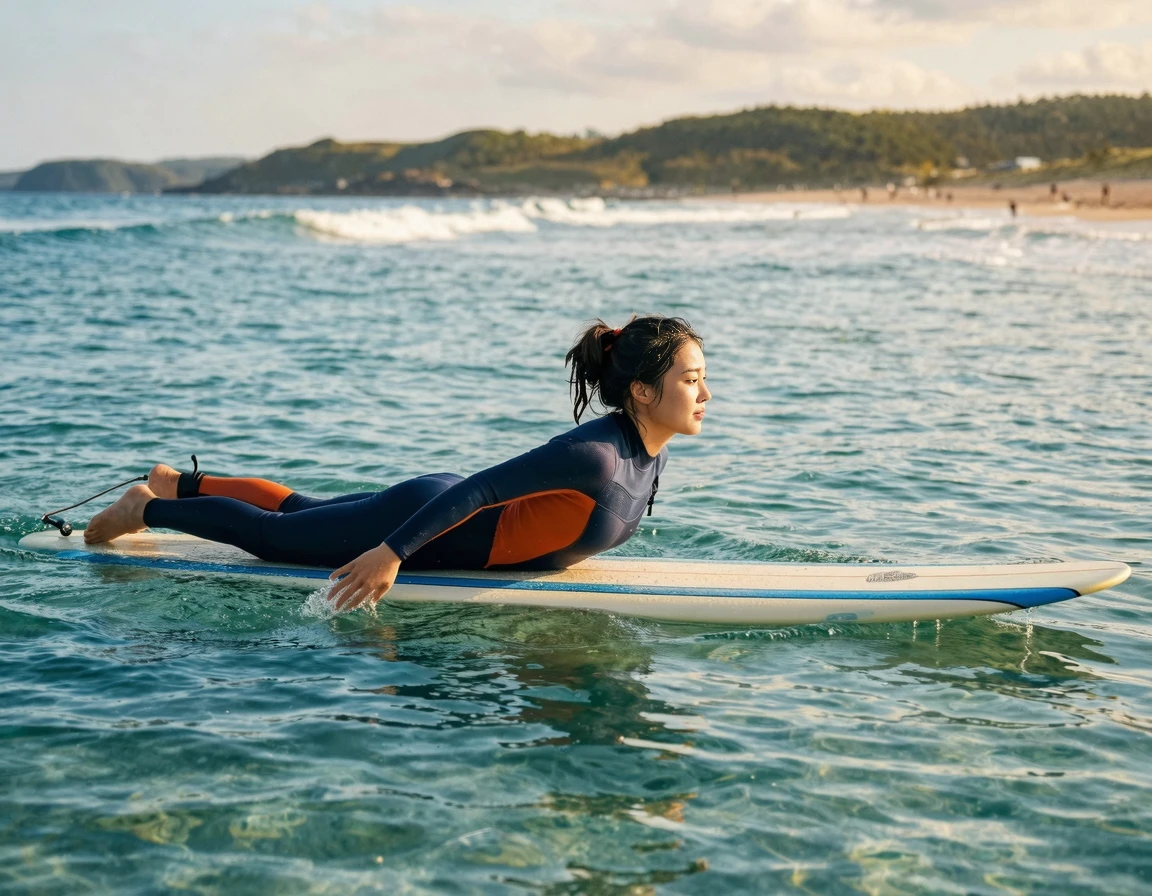 올바른 자세로 서핑 보드 위에서 패들링을 하는 모습