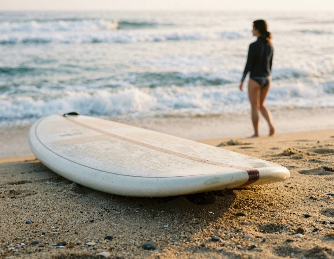 모래사장에 놓여 있는 두꺼운 입문용 서핑 보드