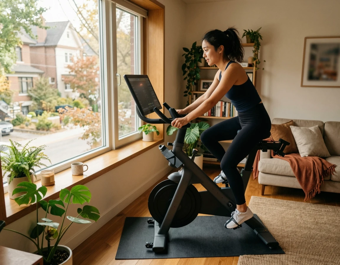 아파트 거실에 배치된 깔끔한 실내 자전거