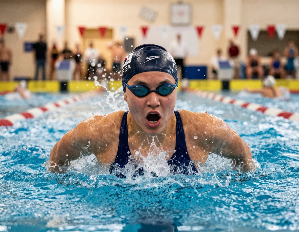 접영 중 수면 위로 얼굴을 내밀고 호흡하는 찰나의 순간