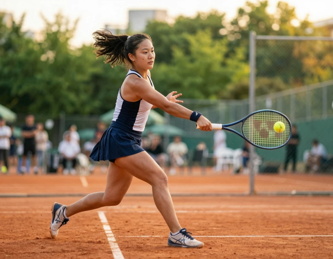 야외 코트에서 포핸드를 치며 테니스를 즐기는 모습