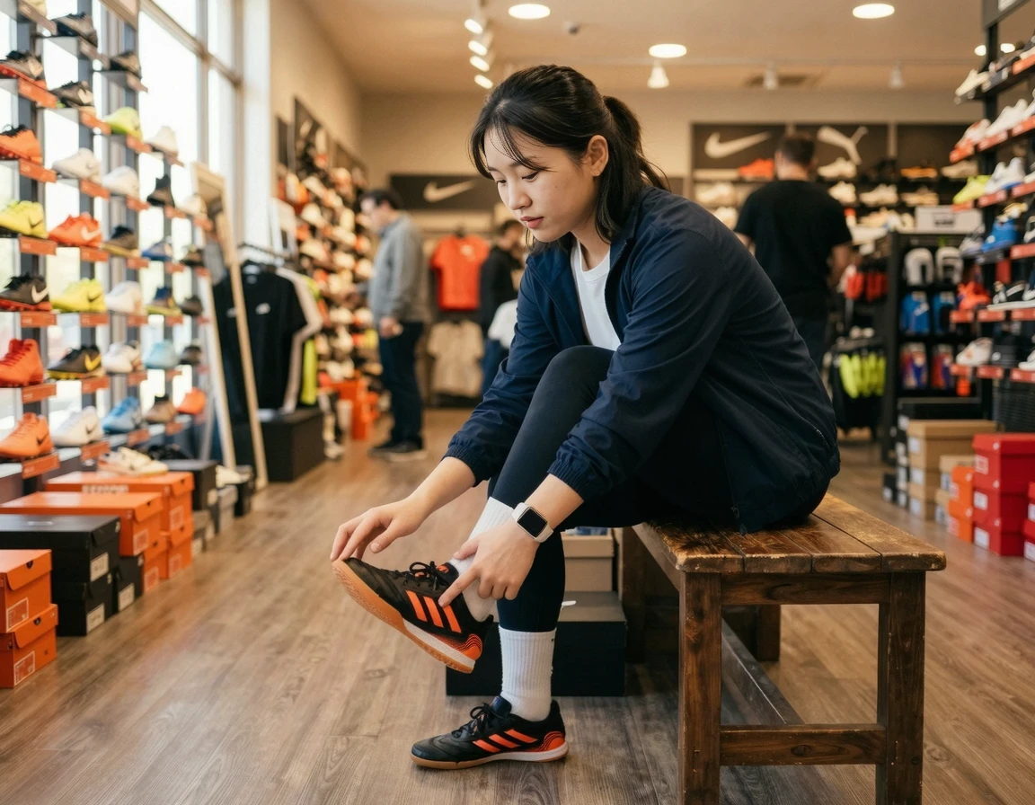 스포츠 매장에서 풋살화 사이즈를 확인하며 신어보는 여성