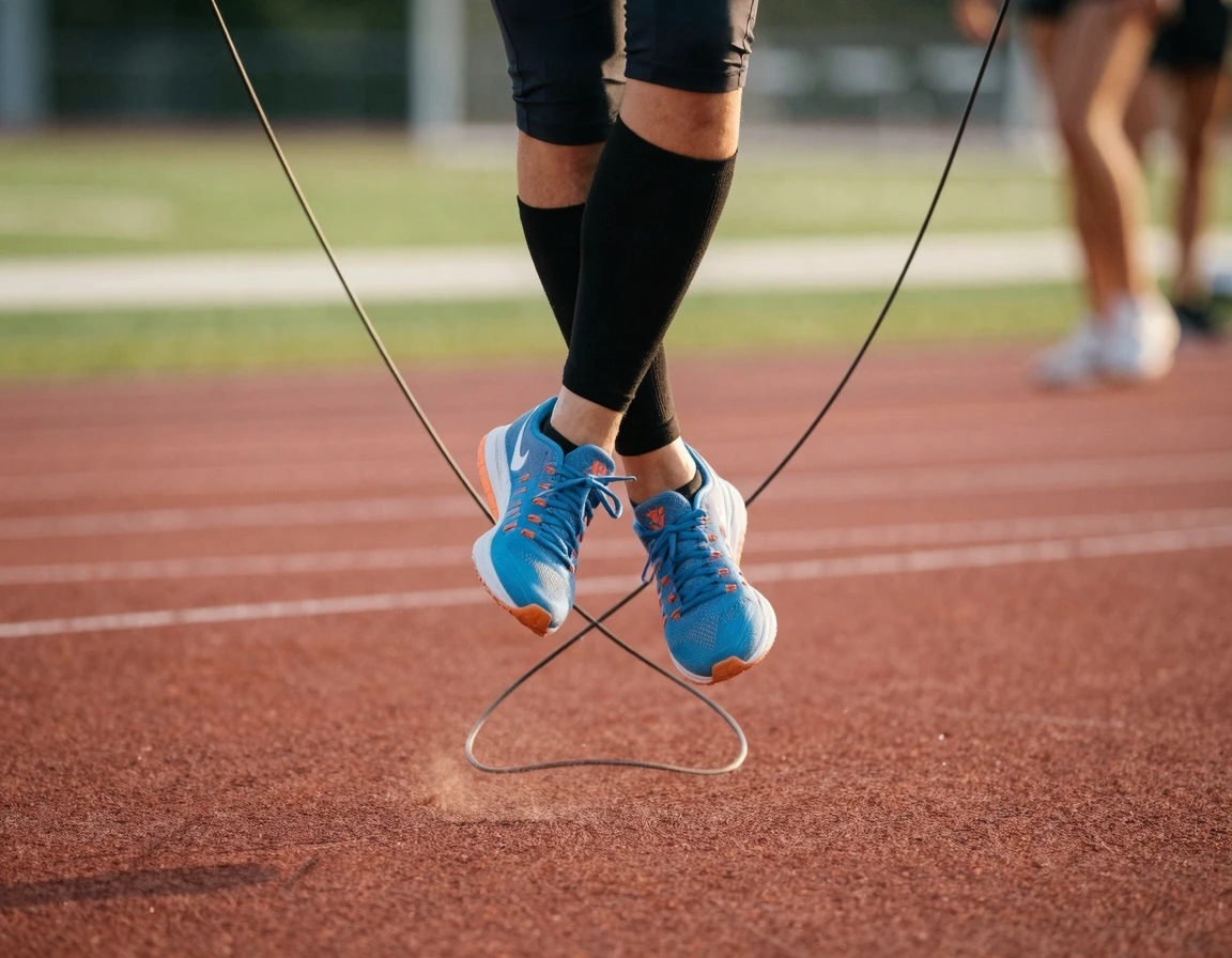 다양한 스텝으로 줄넘기를 하는 발의 클로즈업