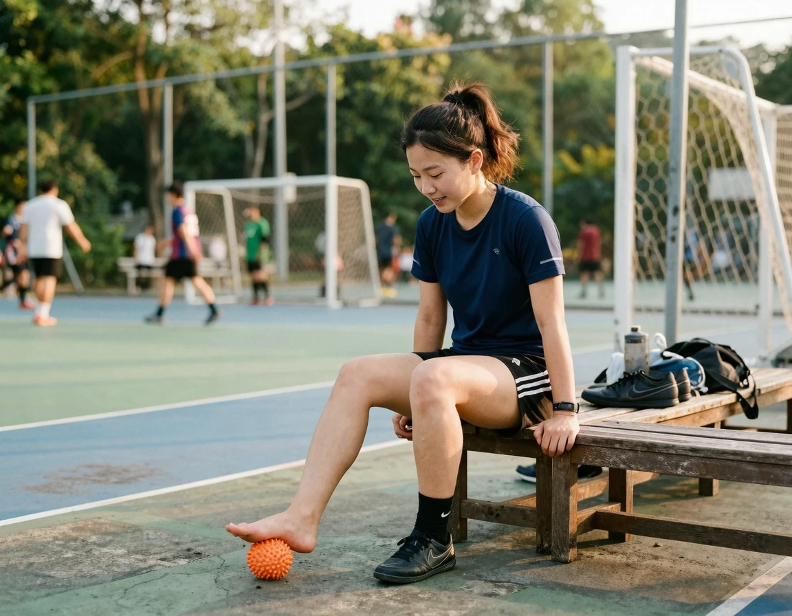 풋살장 벤치에 앉아 마사지볼로 발바닥을 스트레칭하는 모습