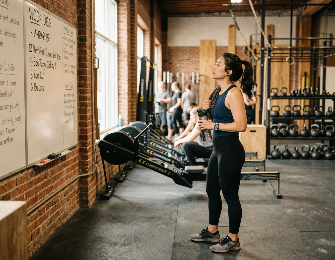 크로스핏 박스 내부 전경과 운동 기구들