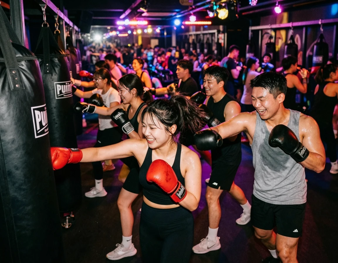 화려한 조명 아래서 진행되는 뮤직 복싱 수업