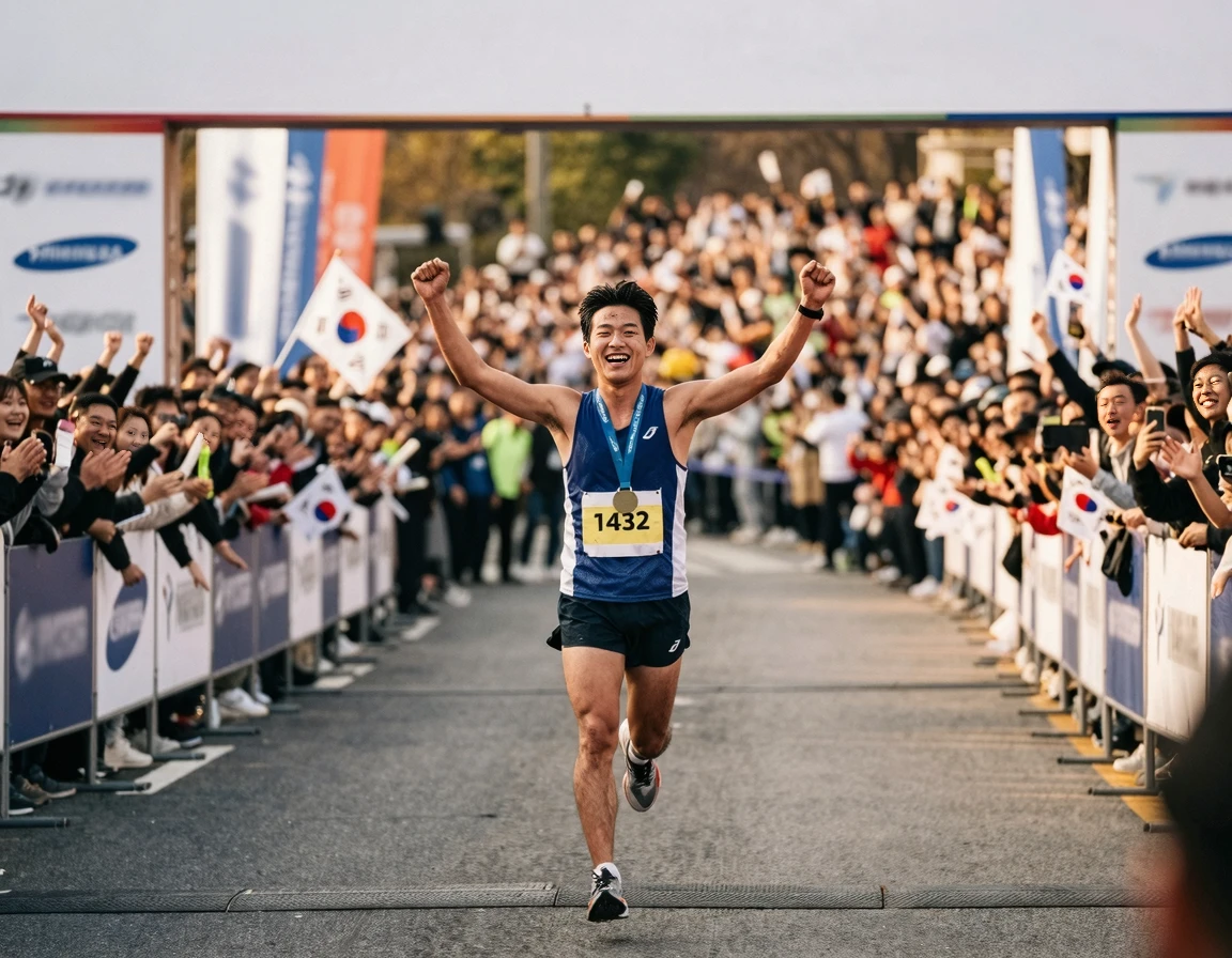 하프마라톤 결승선을 통과하며 환호하는 40대 러너