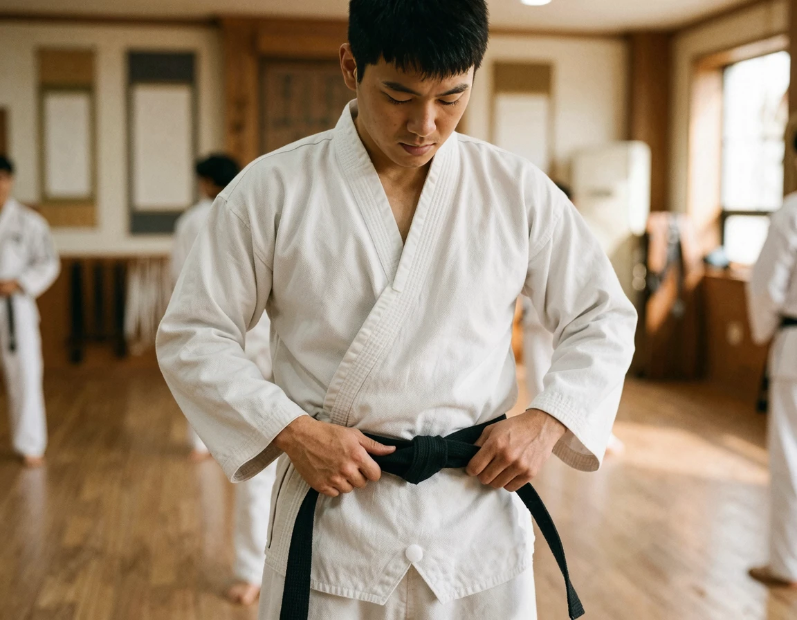 검은 띠를 묶고 있는 성인 태권도 수련생