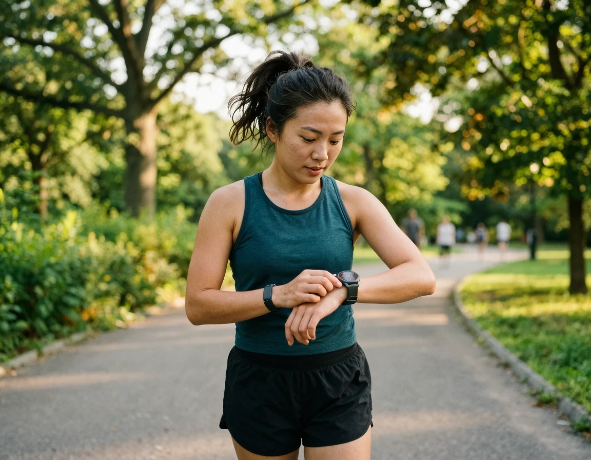 공원을 달리며 GPS 스마트워치를 확인하는 러너