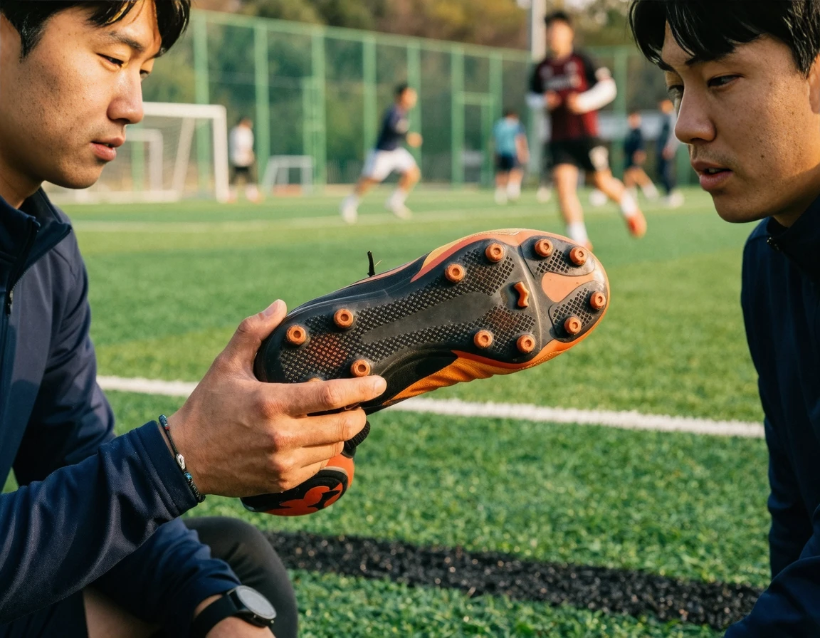 인조잔디용 AG 축구화의 둥근 스터드 밑창 클로즈업