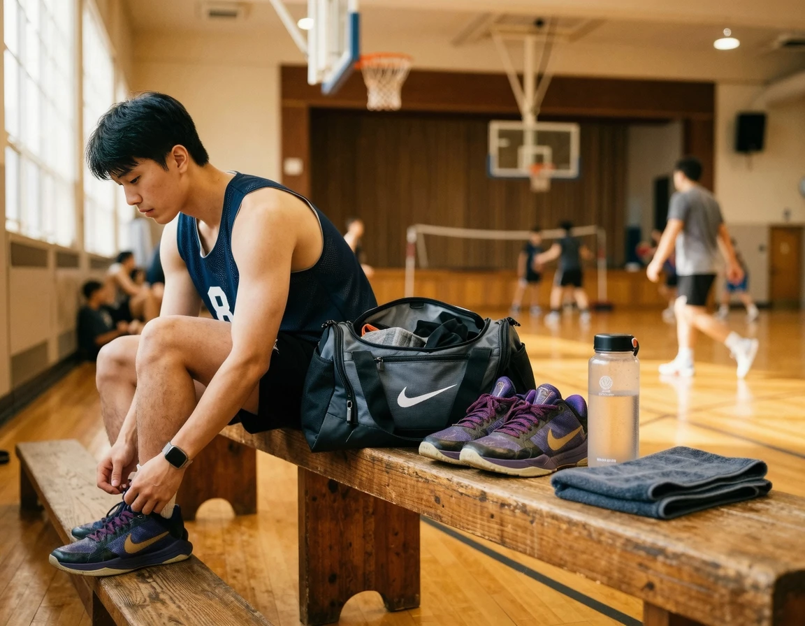 체육관 벤치 위에 놓인 스포츠 가방과 실내 농구화, 물통