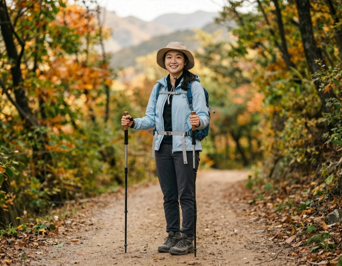 팔꿈치 90도 각도로 등산 스틱을 짚고 있는 모습