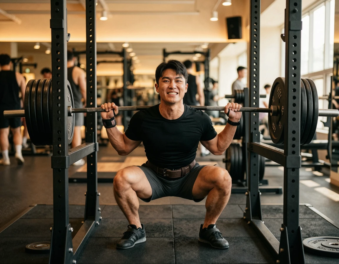바벨 스쿼트를 수행하며 전신 근육을 사용하는 모습