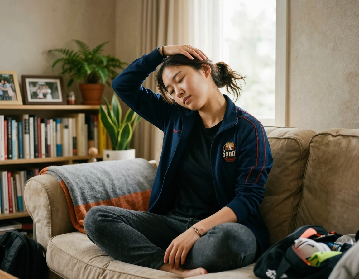 축구 경기 후 집에서 손으로 머리를 당기며 목 스트레칭을 하는 모습