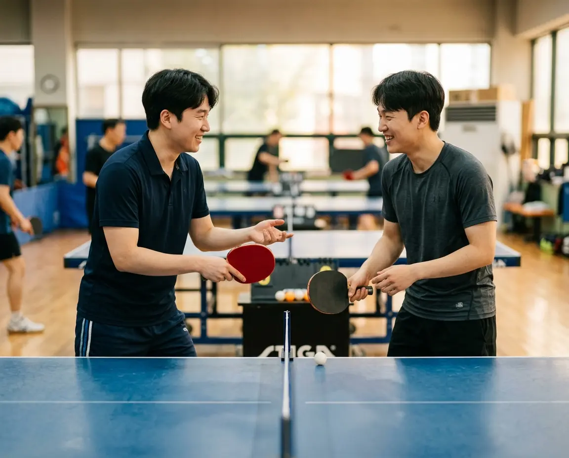 탁구대 앞에서 밝게 웃으며 리시브 연습을 하는 두 동호인의 모습