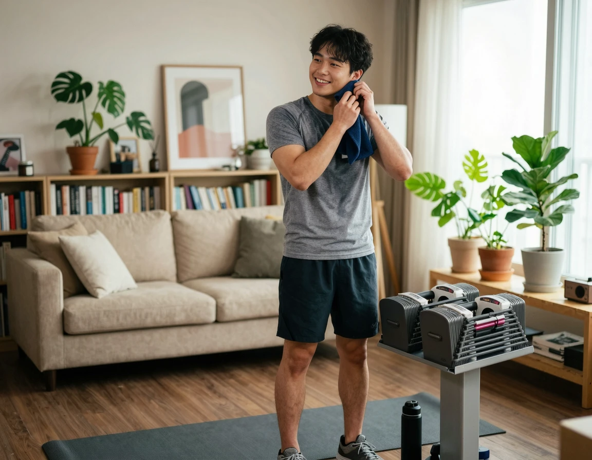 홈트를 마치고 만족스러운 표정으로 수건을 쥐고 있는 모습과 가변형 덤벨