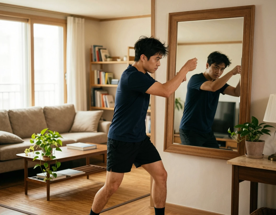 집에서 거울을 보며 탁구 백핸드 섀도우 스윙을 연습하는 모습