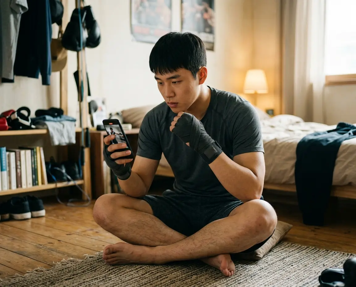 자신의 섀도복싱 영상을 모니터링하며 폼을 분석하는 모습