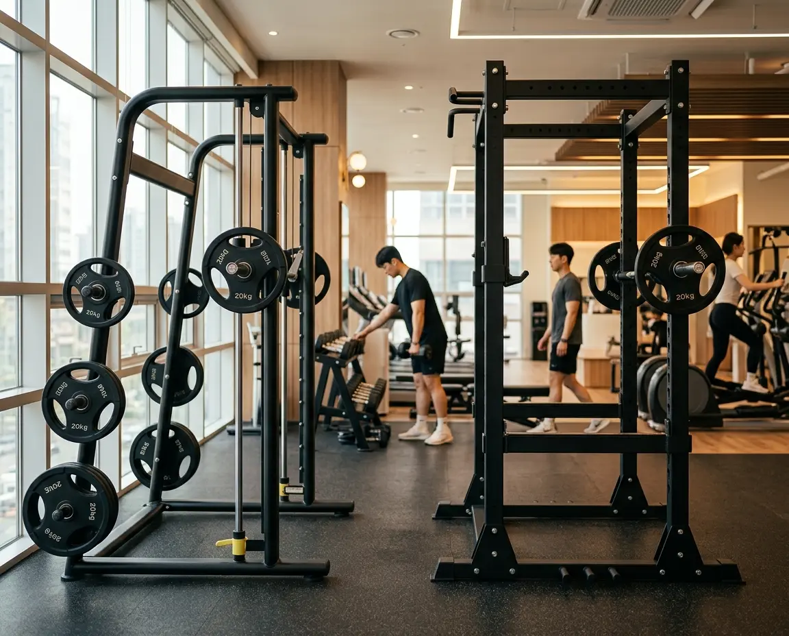 헬스장 스미스머신과 프리웨이트 바벨 랙 비교 모습