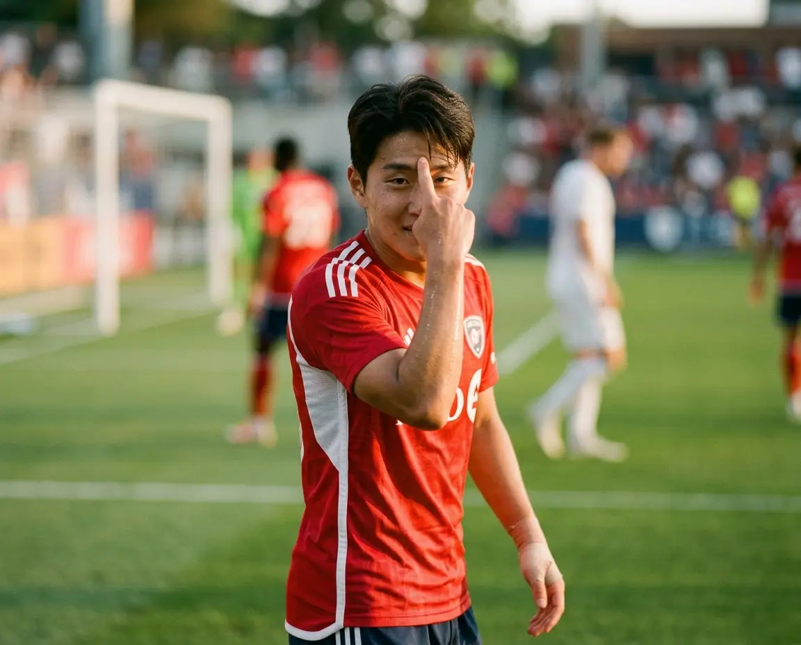 정확한 헤딩 임팩트 부위인 이마를 가리키는 모습